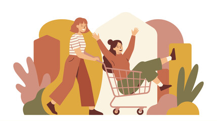 Joyful group of friends shopping in a sunny urban plaza with a cart and bright city surroundings. © Auhaz
