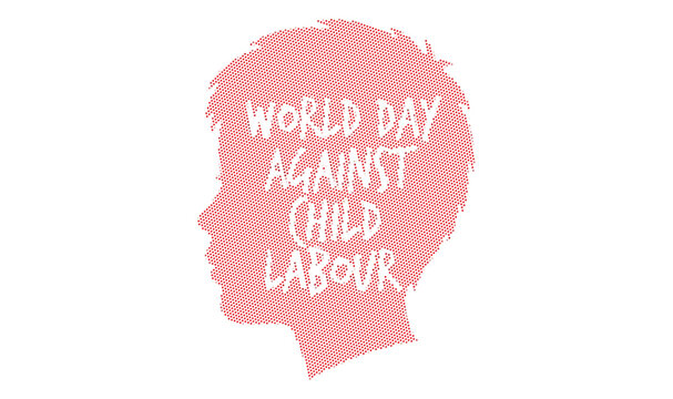 World Day Against Child Labour graphic with red halftone child silhouette and white text. Social awareness poster for human rights and child protection campaigns.