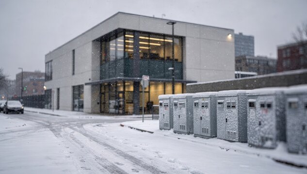 Snowcovered medium shot capturing a fiberfed telecom hubs exterior with the main building sharply defined and softfocus snowy streetside cabinets creating a serene winter urban