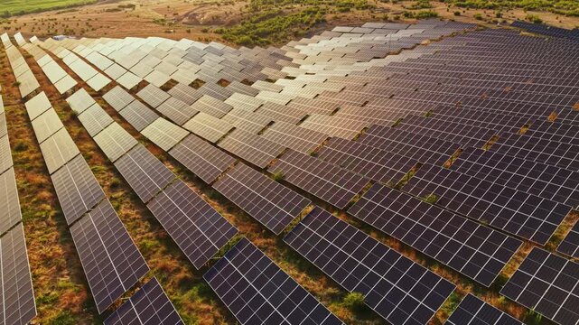 Rows of solar panels are arranged in a pattern across a large field in a rural setting. The sun is low in the sky, creating shadows and highlights on the panels.