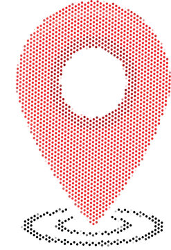 Red map pin icon with halftone dots and ripples on white background. Minimalist location marker for navigation, travel, and digital maps.
