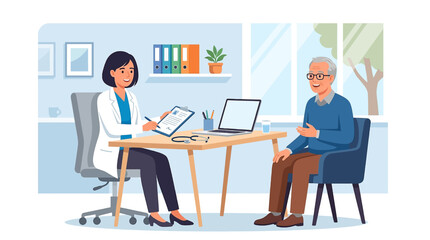 Fototapeta premium Doctor consults with elderly male patient in a bright modern clinic office, discussing health