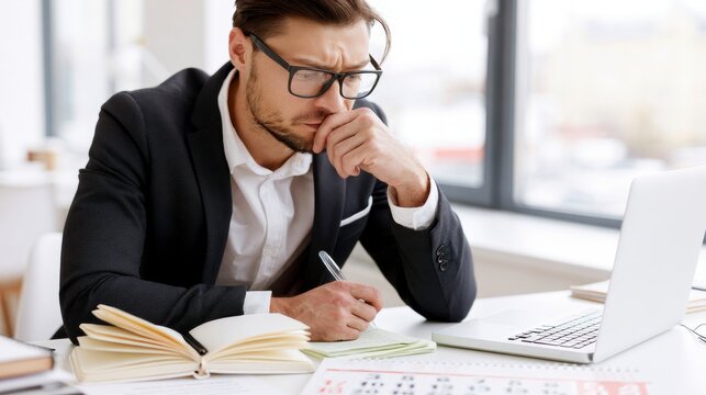 Business professional thinking through important decision while working at laptop. Strategic planning, problem solving, analysis and focused decision making