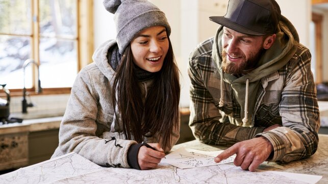 Young couple reviewing maps and notes while planning important life decision together. Travel planning, goal setting, teamwork and future preparation