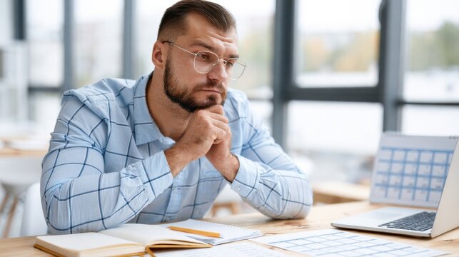 Professional reflecting before making important business decision at desk. Strategic thinking, planning, leadership and long-term goal evaluation