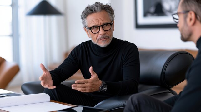 Experienced executive mentoring younger professional during strategic discussion. Leadership coaching, business advice, decision making and career development