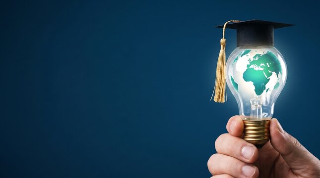 Global education concept with graduation cap on light bulb