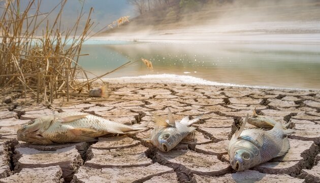 Dead fish lie on a severely cracked, dry lakebed. Dry reeds and a shrinking, hazy water body are in the background, illustrating the harsh effects of climate change and water scarcity.