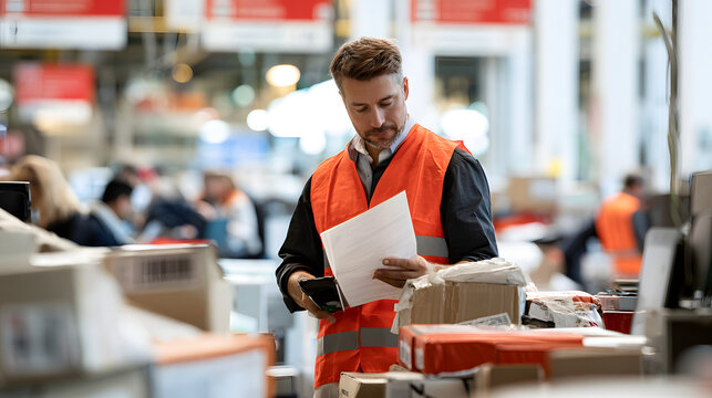A customs broker handling cross-border e-commerce at a busy international freight terminal inspects declaration documents, scans barcode labels on parcels of varying origins, and checks multilingual s