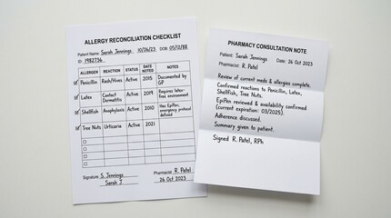 Fototapeta premium Allergy reconciliation checklist resting beside a folded pharmacy consultation note – Healthcare Medication Reconciliation Stock Photo