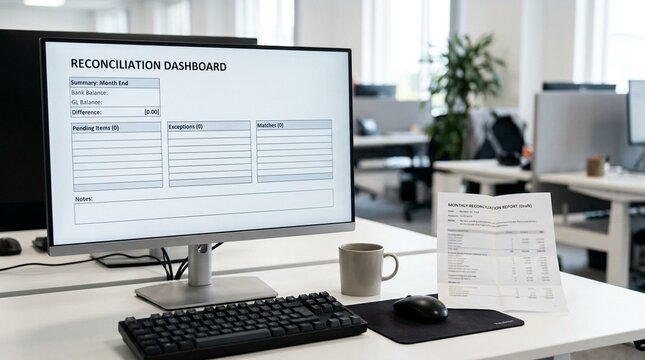 Computer workstation with a blank reconciliation dashboard beside a folded printout &ndash; Healthcare Medication Reconciliation Stock Photo