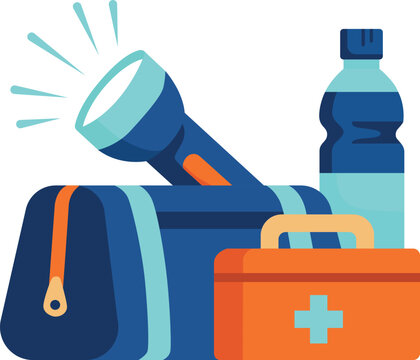 Emergency preparedness kit flat vector illustration with flashlight, water bottle and first aid box