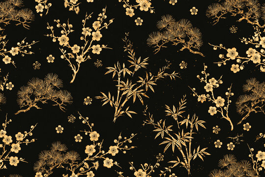 Golden Japanese Pine Bamboo Plum Blossom Seamless Pattern