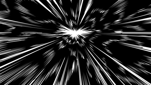 Black and white manga speed lines with a powerful radial burst and dense motion streaks converging toward a bright center. Dynamic anime-style action background designed to emphasize extreme speed.