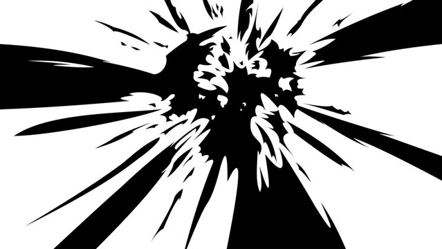 Black and white manga explosion effect with bold radial burst lines and chaotic energy fragments. Dynamic anime-style impact background featuring a powerful blast with smoke-like particles.
