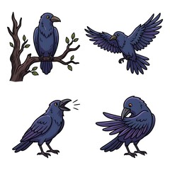 Naklejka premium Set of cartoon ravens in various poses on tree branches