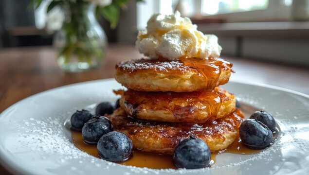 Blueberry and honey cottage cheese pancakes on a dish.