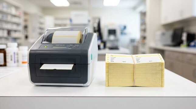 Pharmacy label printer resting beside a stack of blank prescription labels &ndash; Healthcare Medication Reconciliation Stock Photo