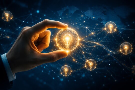 Fingers grasp glowing orbs, linking them with digital threads.