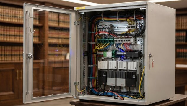 Medium shot of a telecom cabinet in a professional law office featuring structured cabling and modems in sharp relief against blurred legal bookshelves.