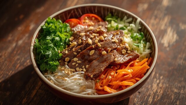 Vietnamese salad bowl - Bun Bo Nam Bo, featuring beef, rice noodles, fresh herbs, pickled veggies, and fish sauce.