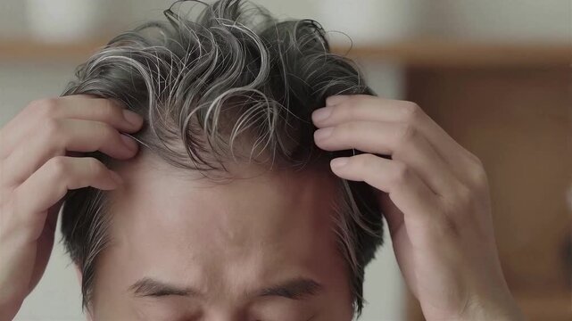 Japanese Middle-aged man parting hair and looking in mirror anxiously, Hair loss and gray hair concern concept, 4K, Seamless loop, Copy space on the right