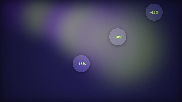 Purple glow softly illuminates discount signs. Faint green radiance blends with blurred background. Text reads "magical discounts" in central placement. Three circular icons show percentage reductions