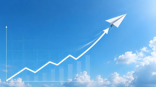 Paper plane lifts business finance chart upward in the blue sky.
