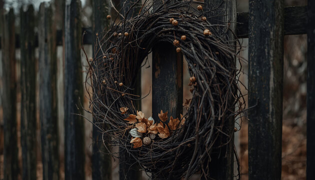 Dried wreath hanging on a wooden fence &mdash; part of a folk horror and dark poetry series
