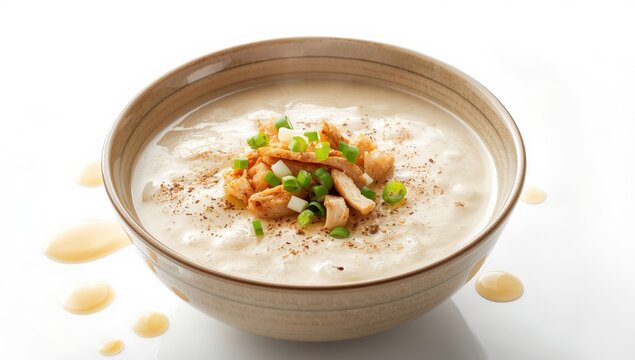 Bowl of classic chicken rice gruel on white backdrop with empty space.