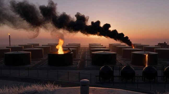 Oil storage terminal at sunset with burning refinery tanks. Industrial flame and black smoke rising from energy facility site. Global fuel crisis concept.