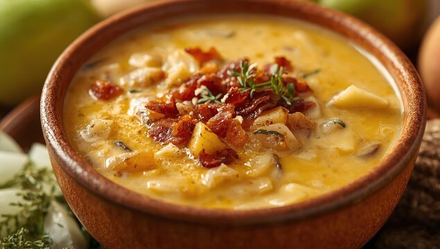 Bowl of creamy cheese soup with bacon and apples.