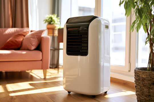 During a scorching summer day, a contemporary mobile air conditioner unit, equipped with a wooden base, regulates the room's temperature and relative humidity.