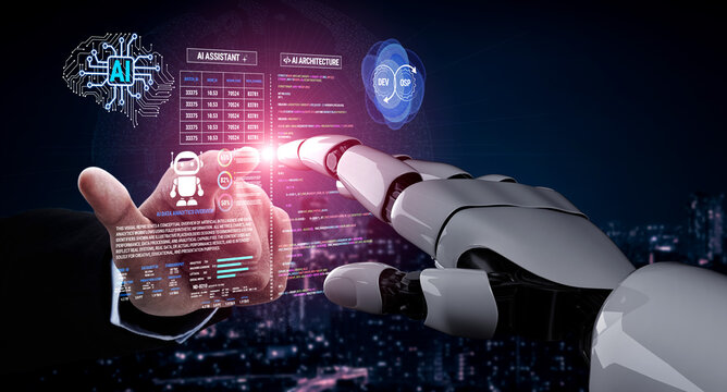 Futuristic Interaction between Human and Robot with Digital Interface Showcasing Artificial Intelligence Technology and Data Analysis Fluxor.