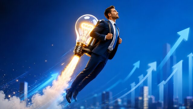 Businessman uses a rocket jetpack shaped like a lightbulb, showing his idea launch. This symbolizes fast business growth and future success.