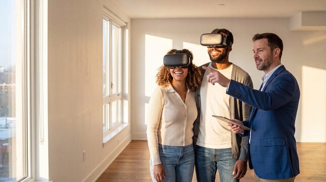 A smiling diverse couple wearing virtual reality headsets explores a modern empty apartment with a real estate agent pointing, bathed in warm natural sunlight.