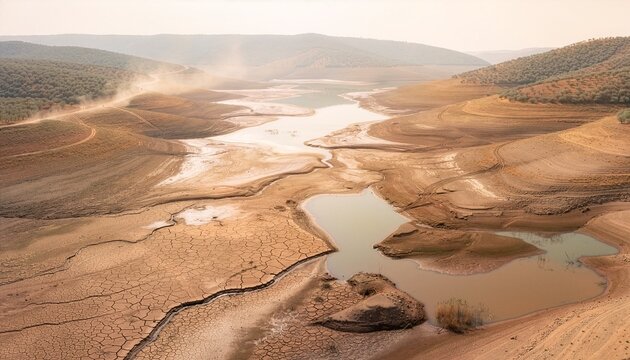 Aerial view of a severely dried reservoir with deep mud cracks and low water. This arid, dusty landscape in earthy brown tones highlights global warming, water scarcity, and climate change.