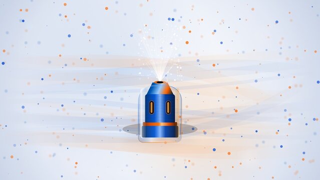 High end commercial stock asset isolated generic essential oil diffuser nozzle anodized aluminum duotone cobalt orange high key macro perspective abstract particles