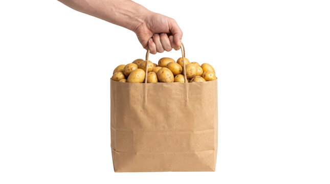 Fresh raw potatoes in brown paper bag, hand holding grocery sack of organic vegetables, sustainable food shopping concept on white background