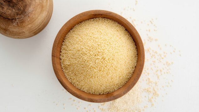 Bowl of raw organic semolina on white background, overhead view.