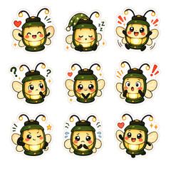 Obraz premium Cute Firefly Lantern Reaction Sticker Icon Set with Kawaii Glowing Insect Facial Expressions Cartoon Nature Emoji Collection