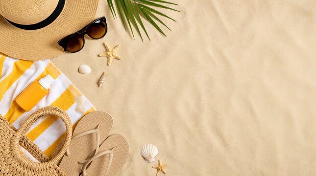Sunny beach items on sand show summer fun. Relaxing holiday vibes fill the scene.