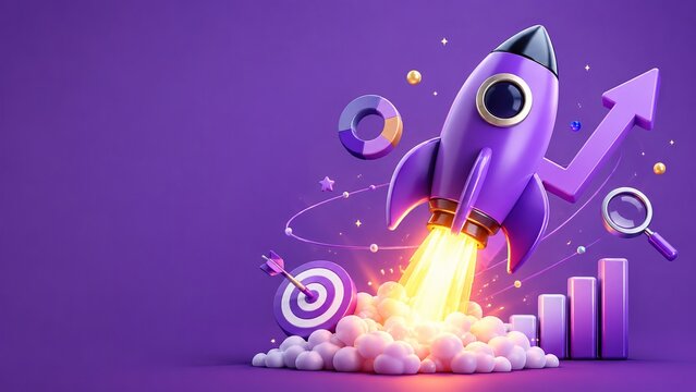 Cartoon rocket, with purple fire, launches from a purple background. It signifies startup success and business growth in a new space.