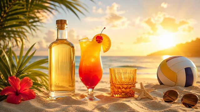 Cocktail ad shows tequila sunrise elements. Bottle, glass, and cup sit on sand dunes with plants, starfish, sunglasses, and a volleyball.