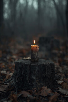 Burning candle on a tree stump in an autumn forest &mdash; part of a folk horror and dark poetry series