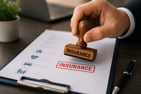 Someone's hand holds a rubber stamp labeled "Insurance" to make a mark.