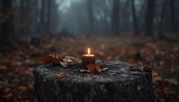 Burning candle on a tree stump in an autumn forest &mdash; part of a folk horror and dark poetry series