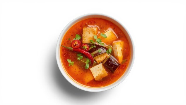 Bowl of spicy Asian soup with tofu, eggplant, chili, and herbs on a white backdrop.