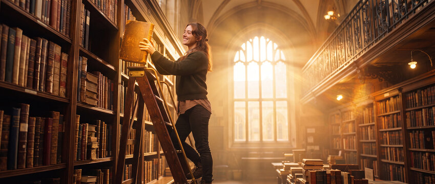 Library reader pulling vintage book from shelf as warm sunlight streams through gothic windows, perfect for literature, education, research, and academic design projects