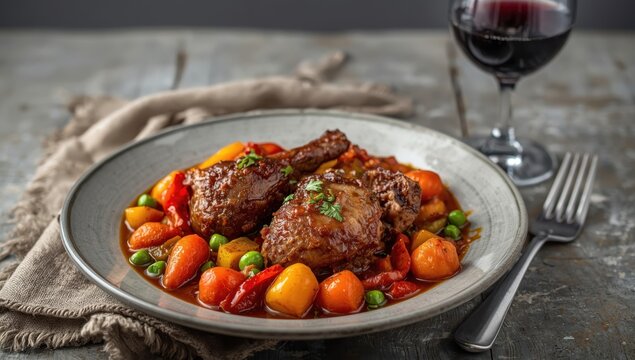 Braised pork jowls with veggies, against a gray backdrop. Iberian or Teutonic cuisine.